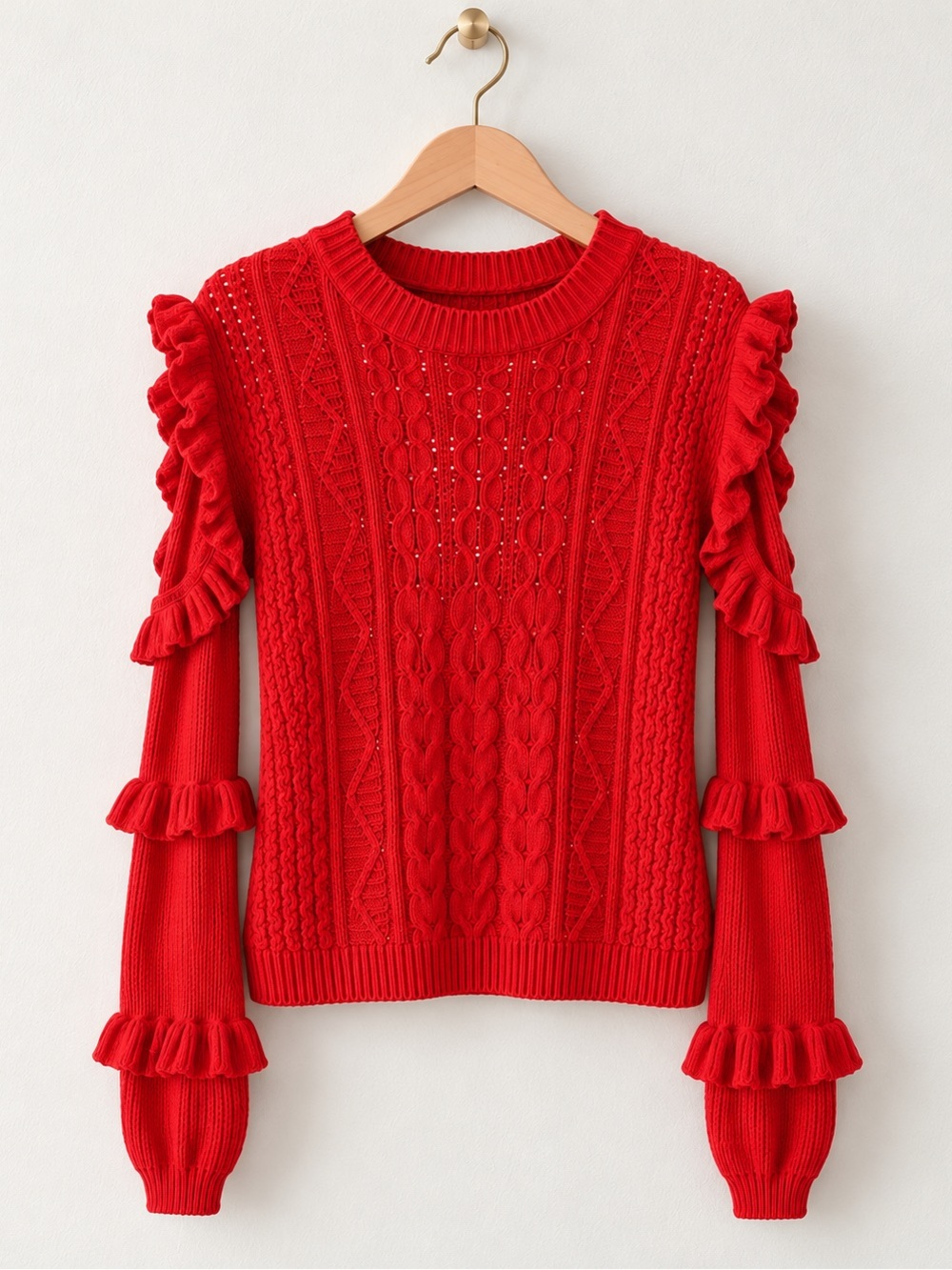 Express Red Ruffled Cold-Shoulder Cable Knit Sweater Size XS - Picture 3 of 4